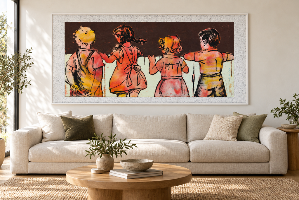 Interior mockup showing David Bromley - Kids over the Fence, 253 × 124 cm, in a contemporary room