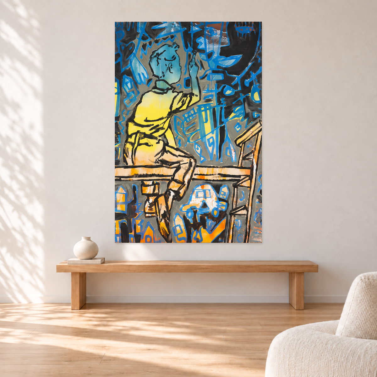 David Bromley - Painting Boy, 101 cm wide by 152 cm high, displayed to scale above an oak bench in a neutral room
