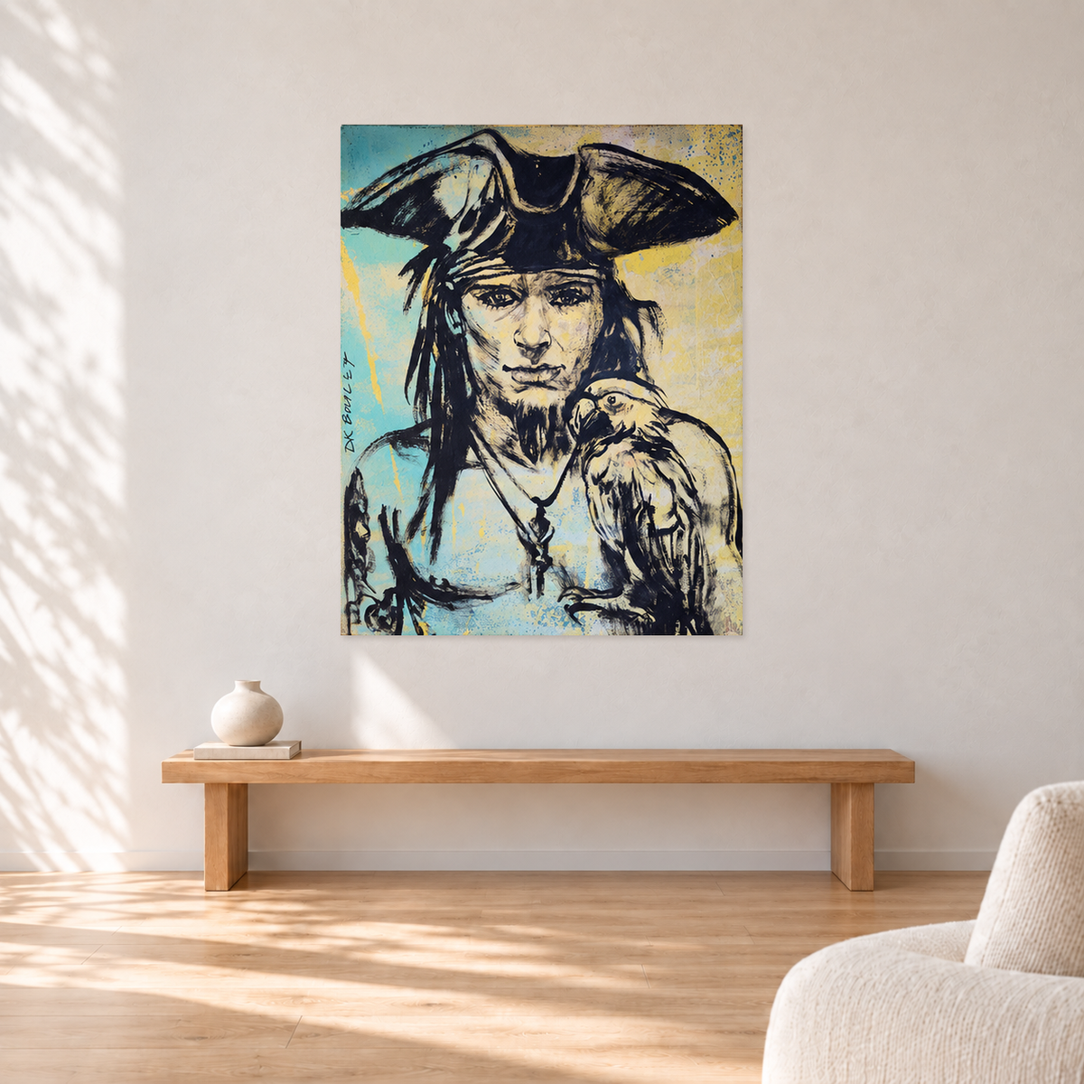 David Bromley - Pirate, 96 cm wide by 122 cm high, displayed to scale above an oak bench in a neutral room