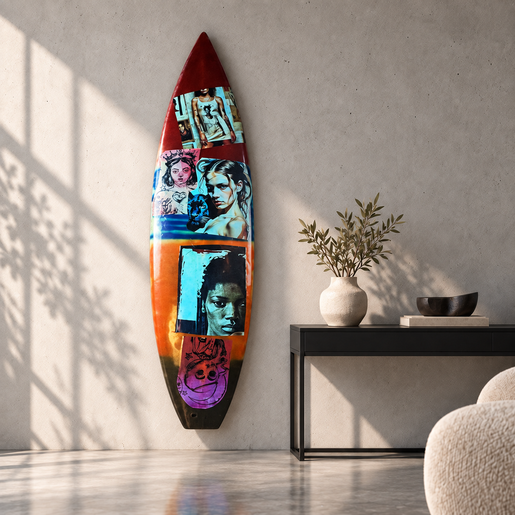 David Bromley - Queens Surfboard, side 1, displayed vertically in a concrete room