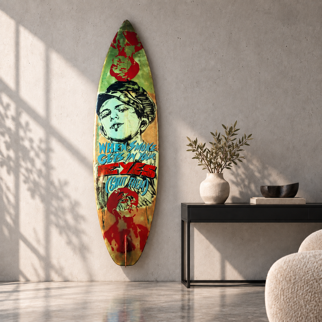 David Bromley - Queens Surfboard, side 2, displayed vertically in a concrete room