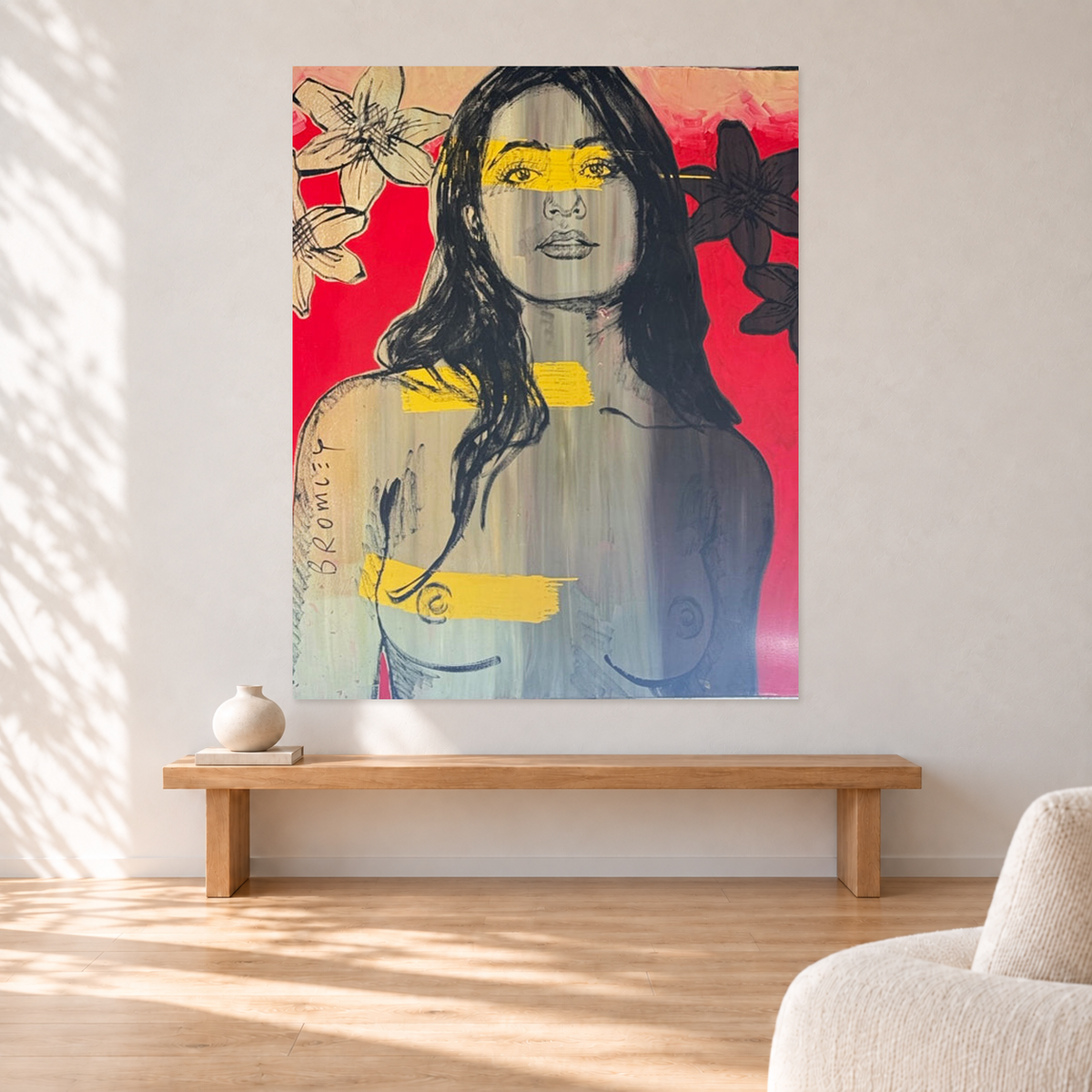David Bromley - Red Woman, 120 cm wide by 150 cm high, displayed to scale above an oak bench in a neutral room