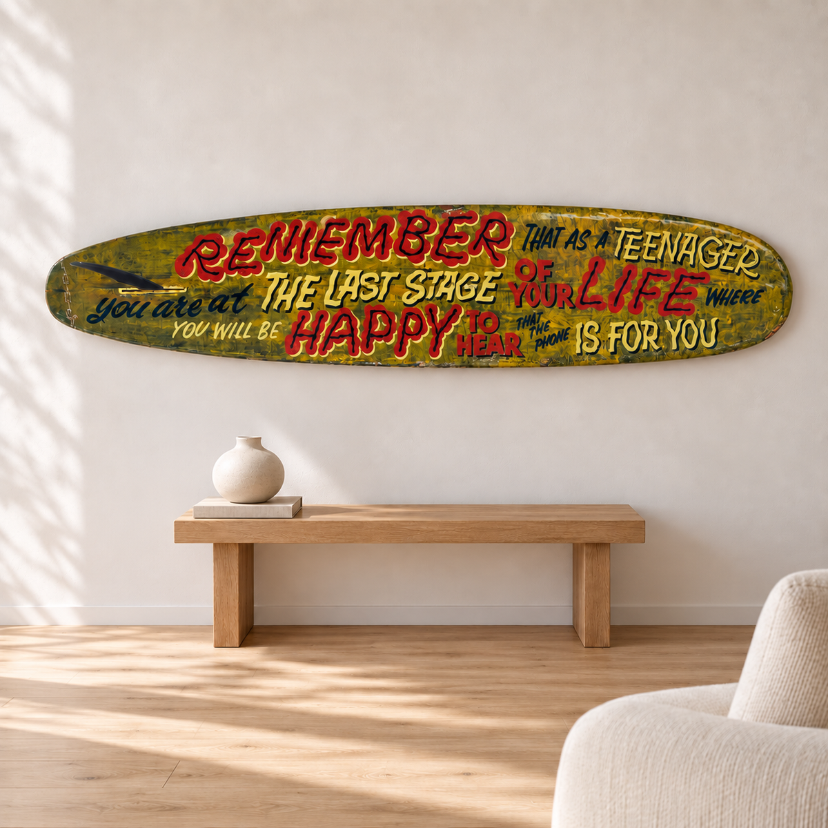 David Bromley - Teenager Malibu displayed in a neutral room with a pale oak bench