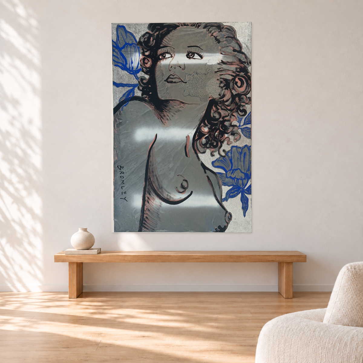 David Bromley - SILVER LADY, 100 cm wide by 150 cm high, displayed to scale in a neutral room