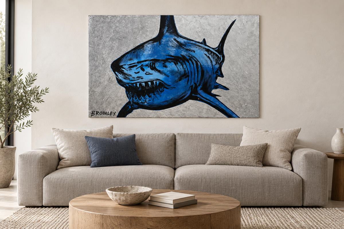 Interior mockup showing David Bromley - Silver Shark, 101 × 152 cm, in a contemporary room