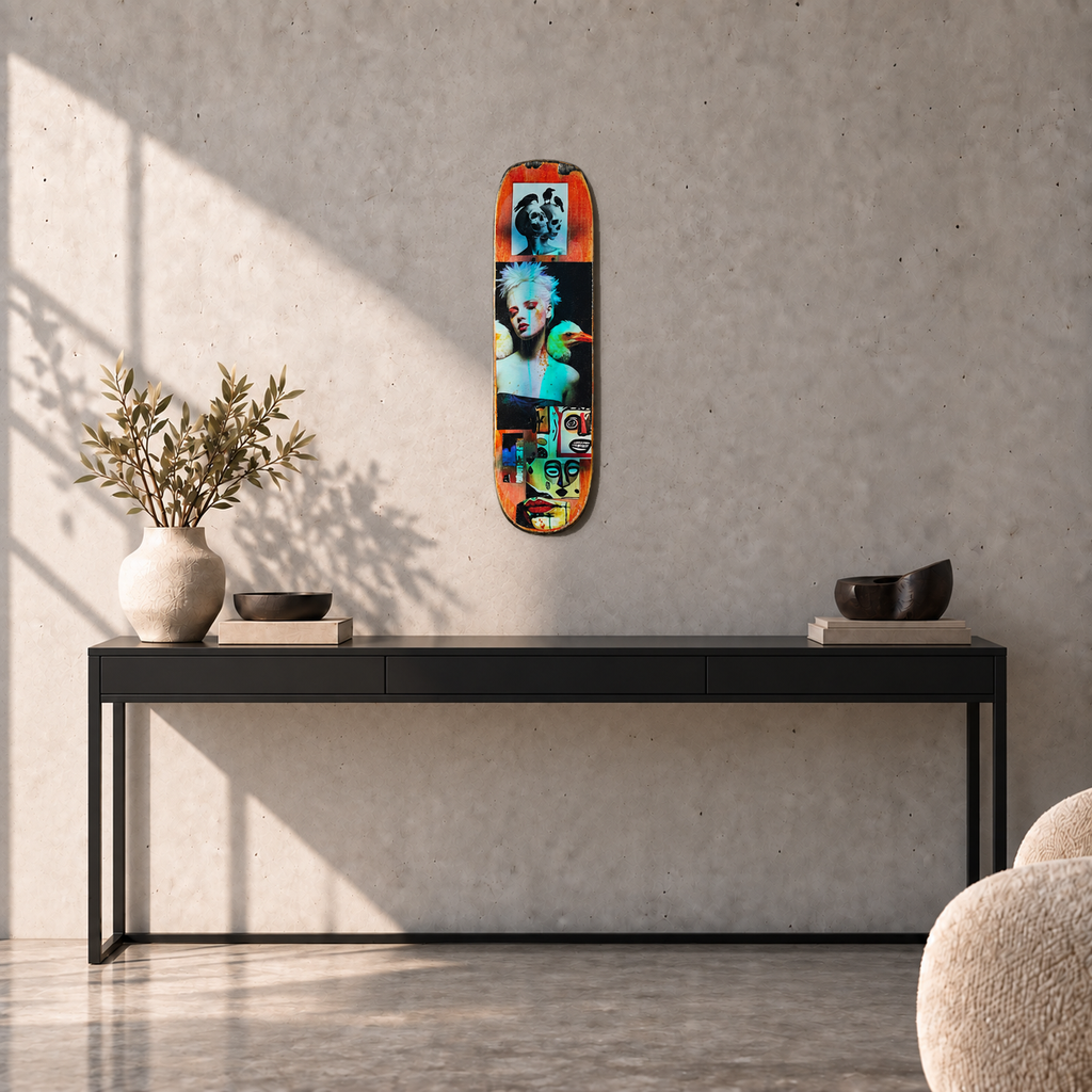 David Bromley - Skateboard 1, side 1, 74.2 cm long, displayed to scale above a black console in a concrete room