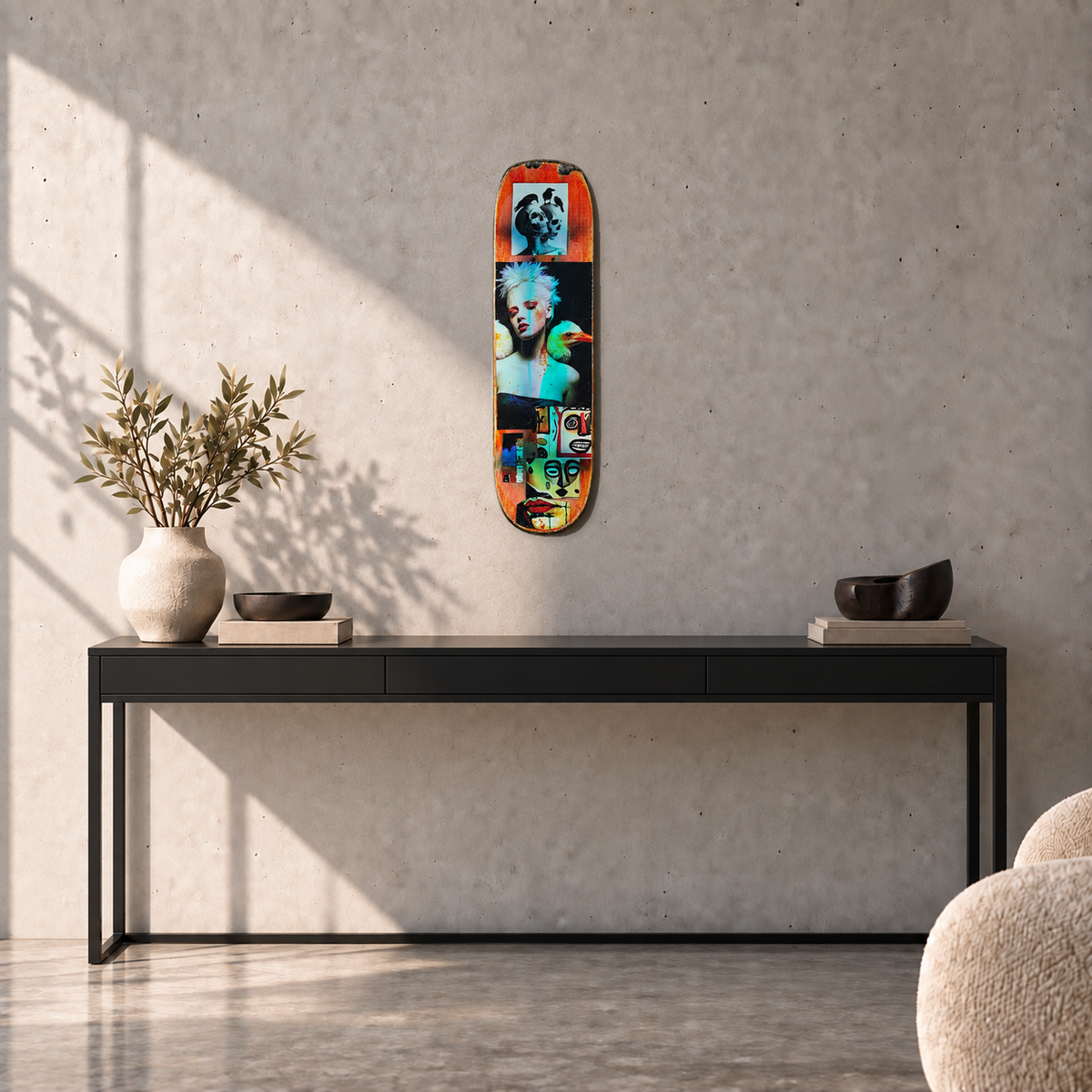 David Bromley - Skateboard 1, side 1, 74.2 cm long, displayed to scale above a black console in a concrete room