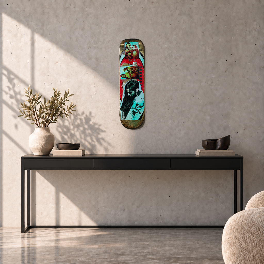 David Bromley - Skateboard 1, side 2, 74.2 cm long, displayed to scale above a black console in a concrete room