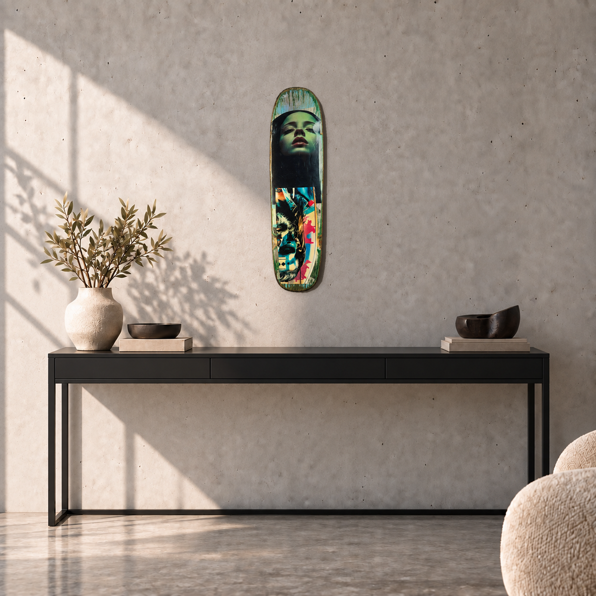 David Bromley - Skateboard 2, side 1, 74.2 cm long, displayed to scale above a black console in a concrete room
