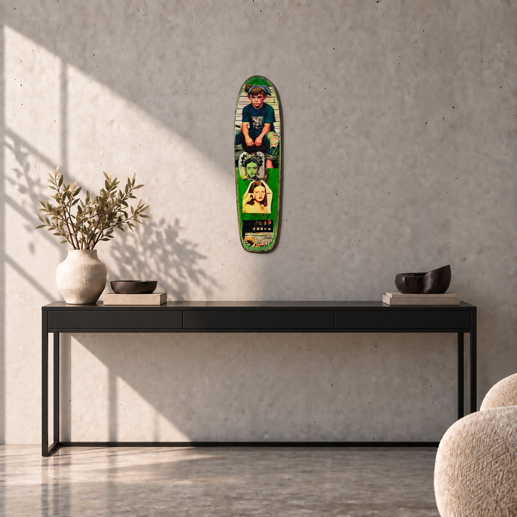 David Bromley - Skateboard 2, side 2, 74.2 cm long, displayed to scale above a black console in a concrete room