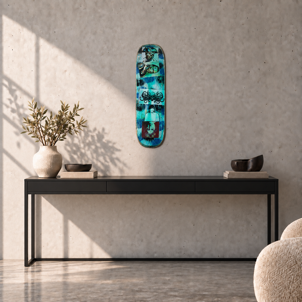 David Bromley - Skateboard 3, side 1, 74.2 cm long, displayed to scale above a black console in a concrete room