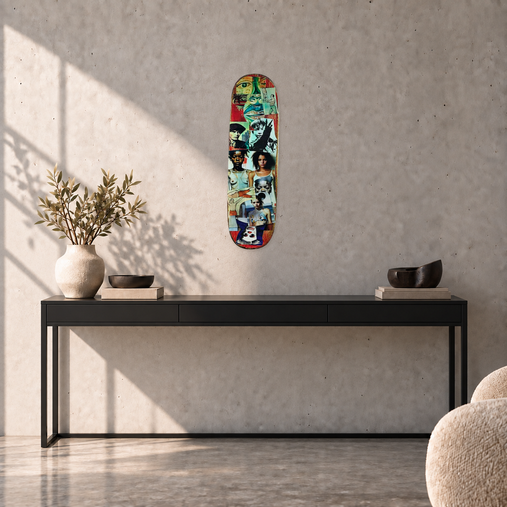 David Bromley - Skateboard 3, second side, 74.2 cm long, displayed to scale in a concrete room
