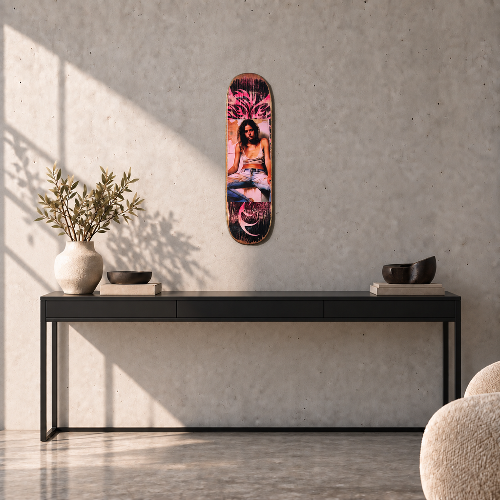 David Bromley - Skateboard 5, side 1, 74.2 cm long, displayed to scale above a black console in a concrete room