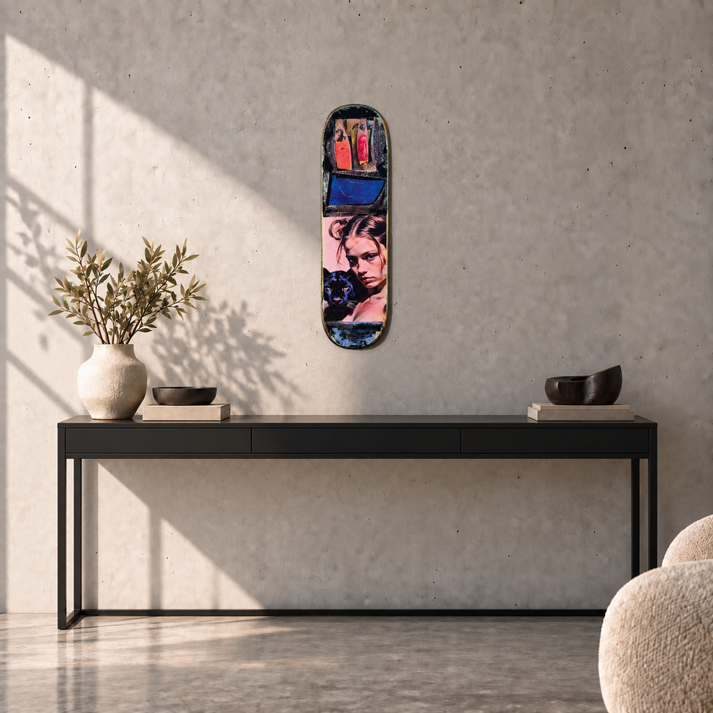 David Bromley - Skateboard 5, side 2, 74.2 cm long, displayed to scale above a black console in a concrete room