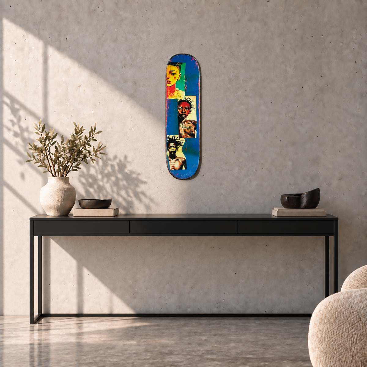 David Bromley - Skateboard 6, side 1, 74.2 cm long, displayed to scale above a black console in a concrete room