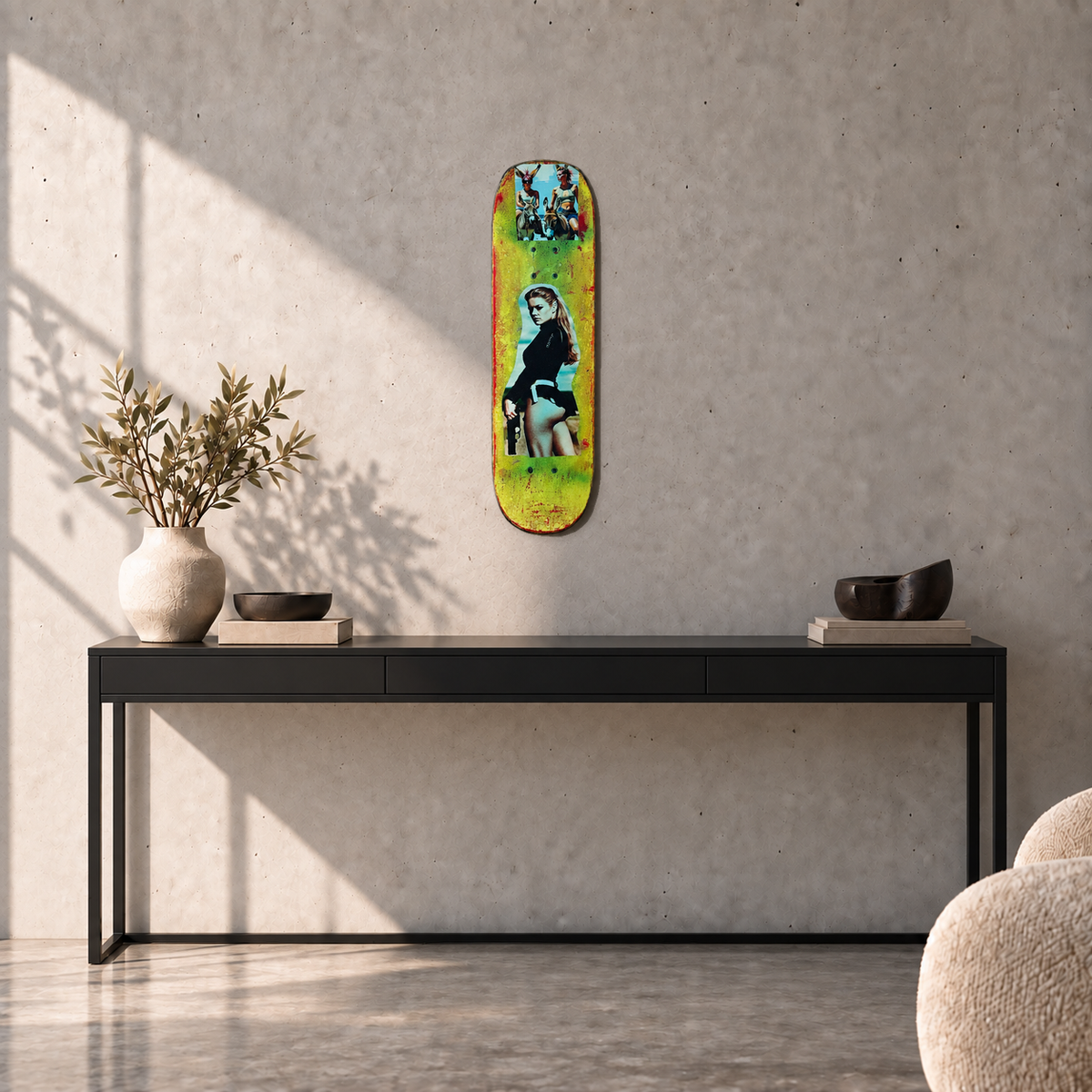 David Bromley - Skateboard 7, side 1, 74.2 cm long, displayed to scale above a black console in a concrete room