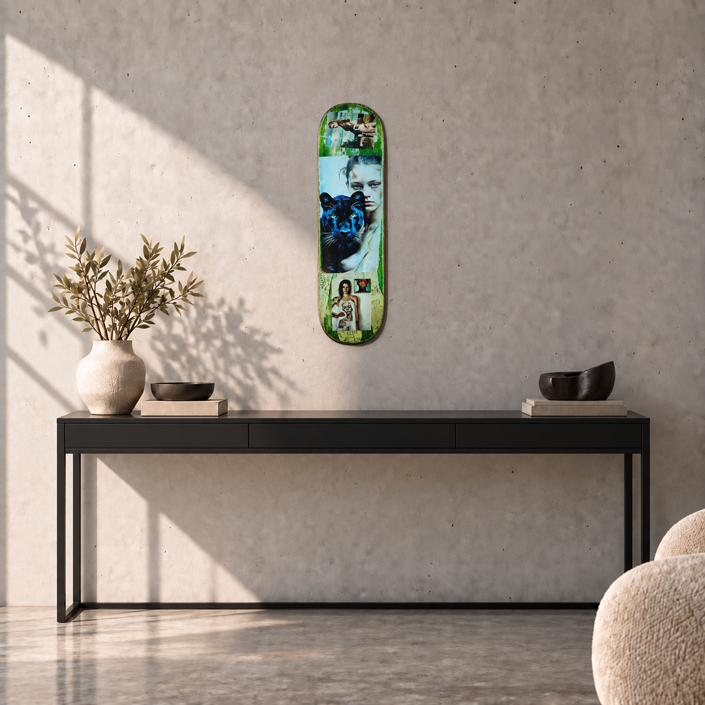 David Bromley - Skateboard 7, side 2, 74.2 cm long, displayed to scale above a black console in a concrete room