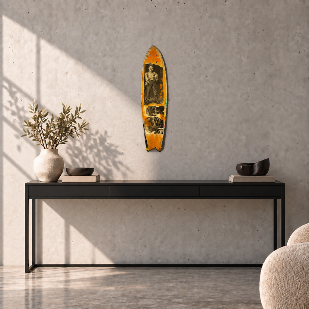 David Bromley - Skateboard 8, side 1, 74.2 cm long, displayed to scale above a black console in a concrete room