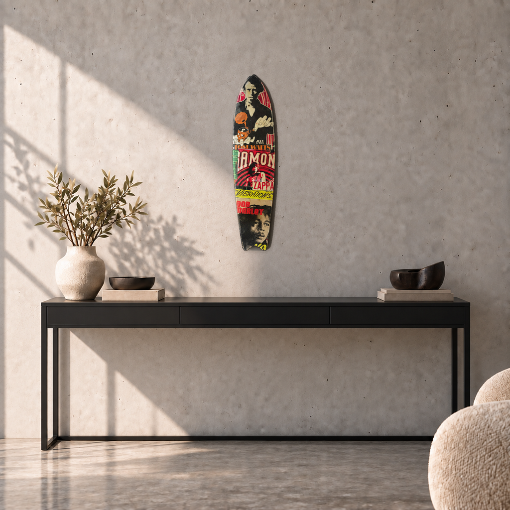 David Bromley - Skateboard 8, side 2, 74.2 cm long, displayed to scale above a black console in a concrete room