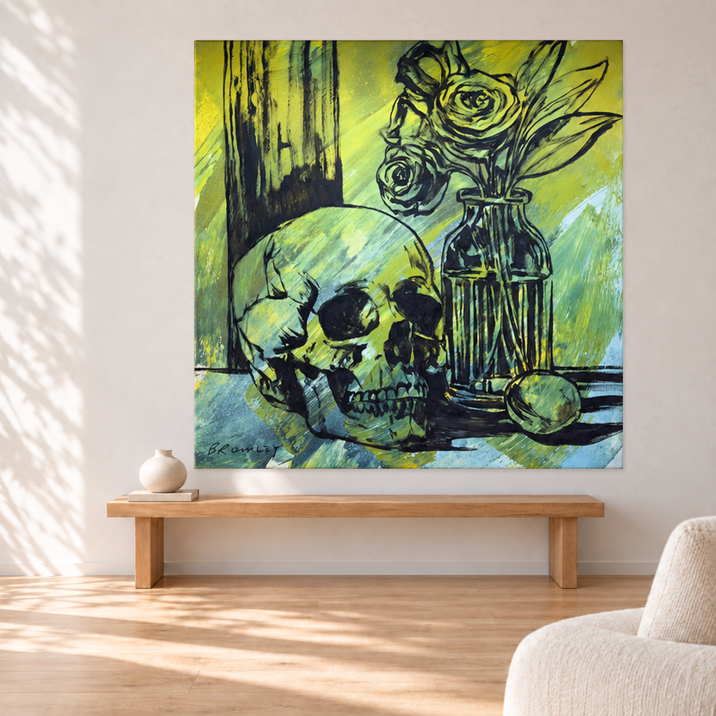 David Bromley - Skull Still Life, 155 cm wide by 155 cm high, displayed to scale above an oak bench in a neutral room