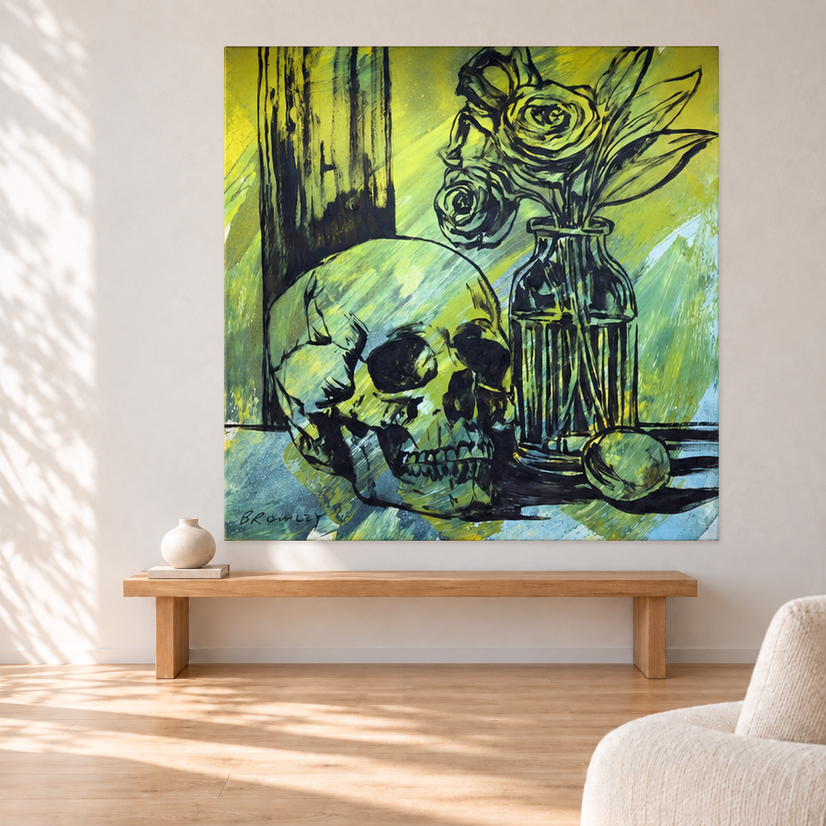 David Bromley - Skull Still Life, 155 cm wide by 155 cm high, displayed to scale above an oak bench in a neutral room