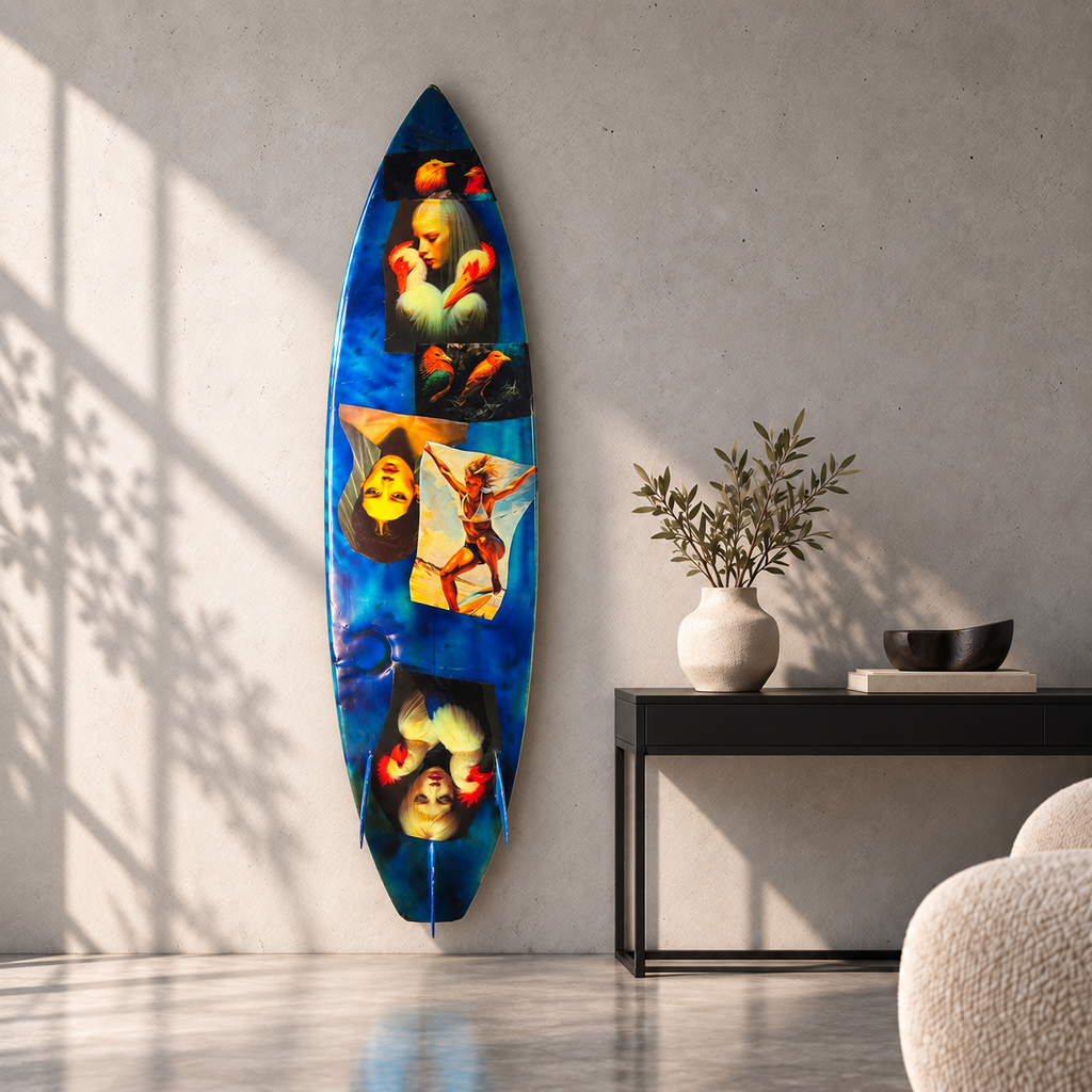 David Bromley - What I am Now Surfboard, side 1, displayed vertically in a concrete room
