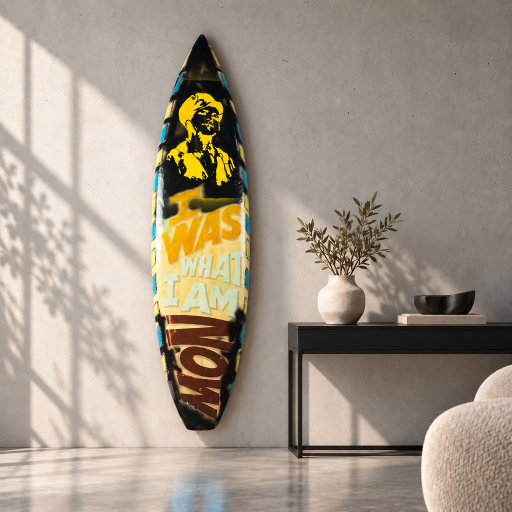 David Bromley - What I am Now Surfboard, side 2, displayed vertically in a concrete room