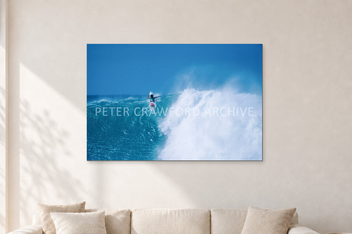 Derek Ho, Backdoor Masters 1988 by Peter Crawford — 120 × 80 cm, aluminium-mounted resin print, shown in a light minimalist living room.