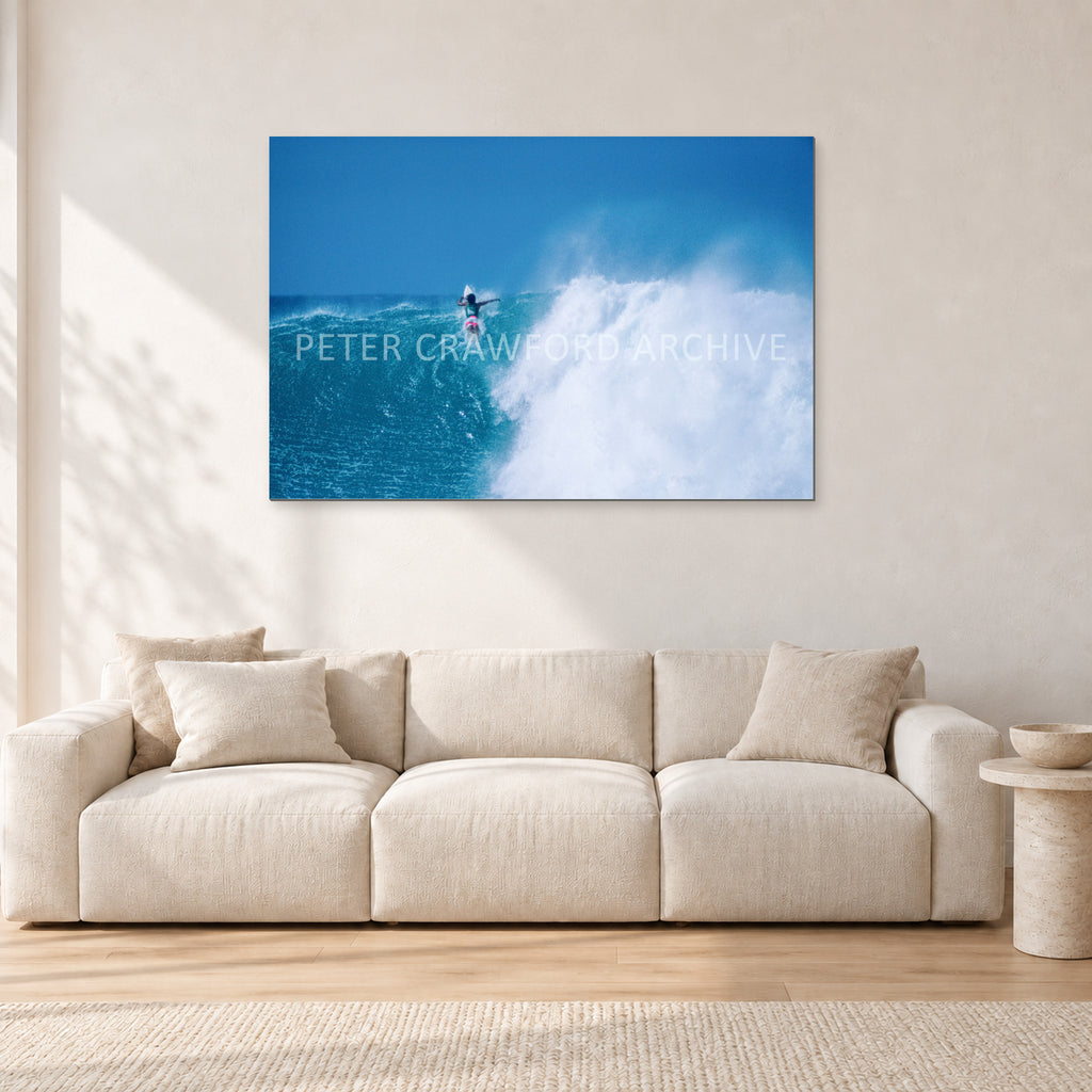 Derek Ho, Backdoor Masters 1988 by Peter Crawford — 120 × 80 cm, aluminium-mounted resin print, shown in a light minimalist living room.
