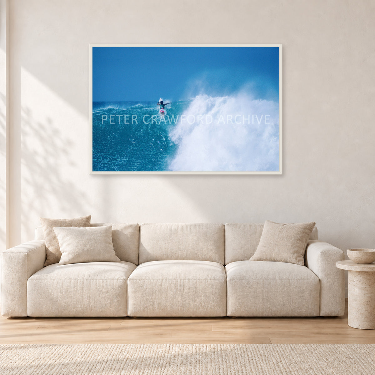 Derek Ho, Backdoor Masters 1988 by Peter Crawford — 120 × 80 cm, white frame, shown in a light minimalist living room.