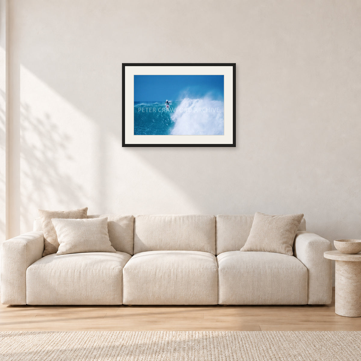 Derek Ho, Backdoor Masters 1988 by Peter Crawford — 60 × 40 cm, black frame with white mat, shown in a light minimalist living room.