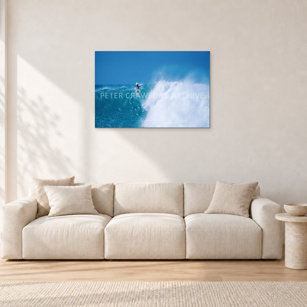 Derek Ho, Backdoor Masters 1988 by Peter Crawford — 90 × 60 cm, aluminium-mounted resin print, shown in a light minimalist living room.