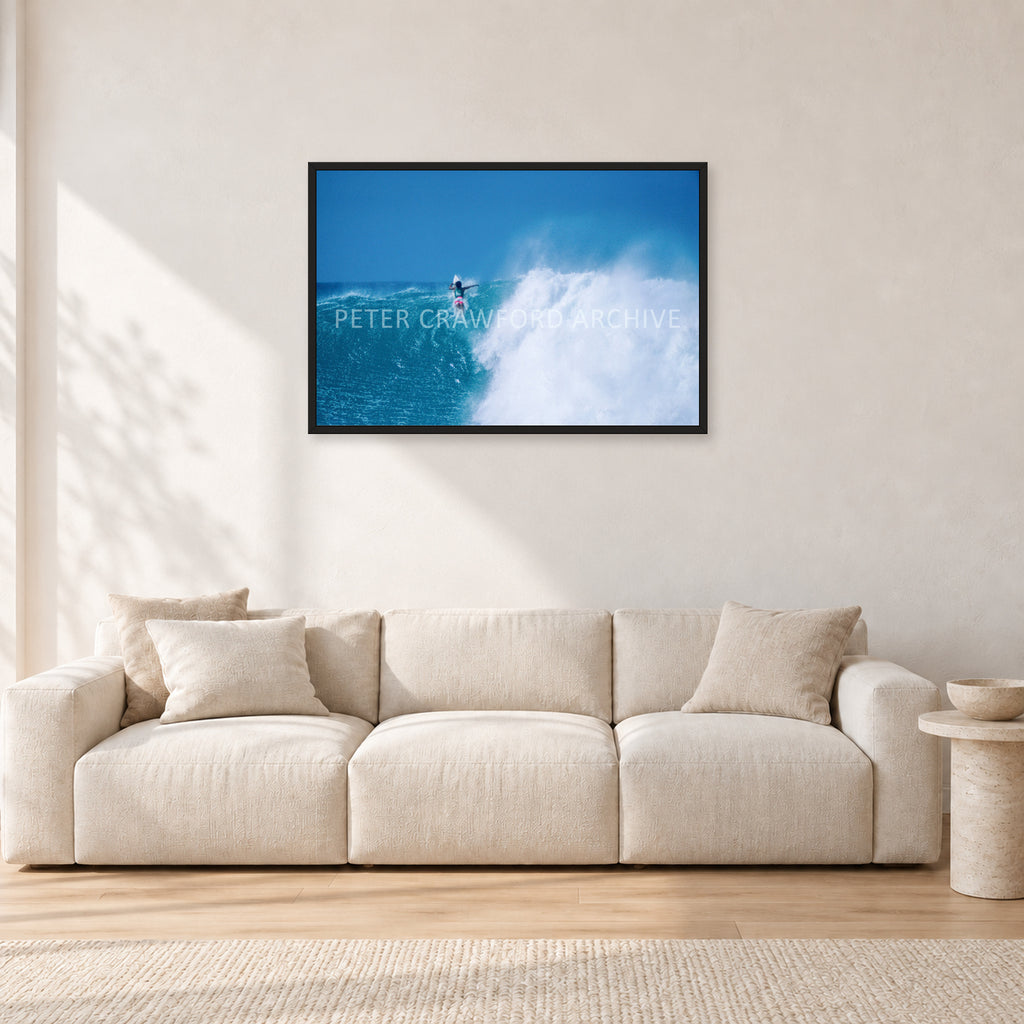 Derek Ho, Backdoor Masters 1988 by Peter Crawford — 90 × 60 cm, black frame, shown in a light minimalist living room.