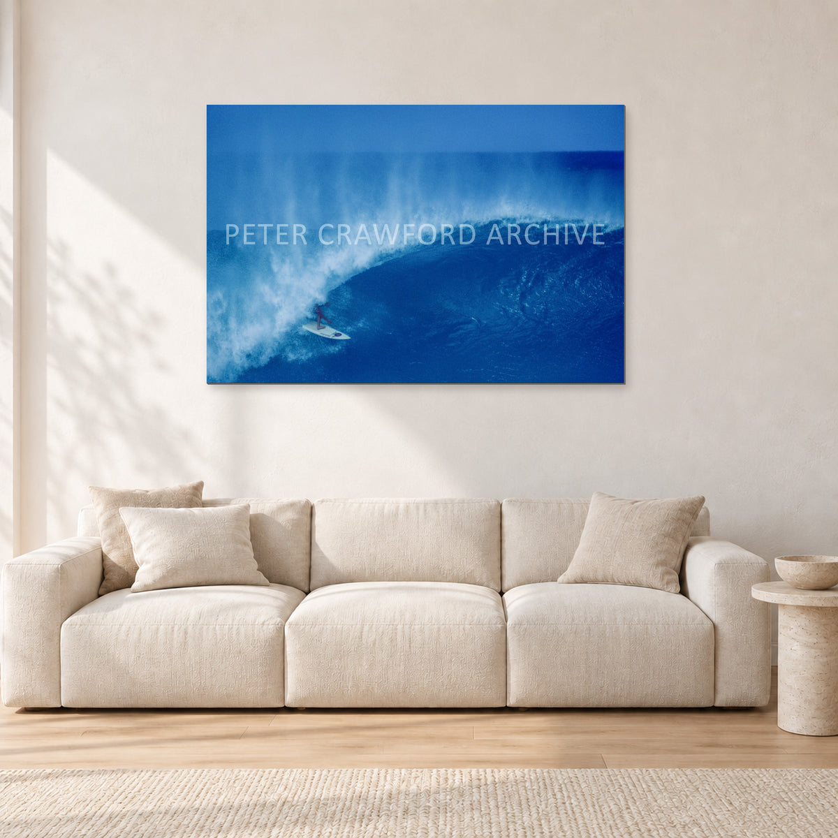 Derek Ho, Pipe Masters by Peter Crawford — 120 × 80 cm, aluminium-mounted resin print, shown in a light minimalist living room.