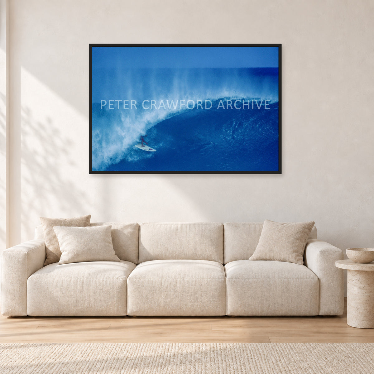Derek Ho, Pipe Masters by Peter Crawford — 120 × 80 cm, black frame, shown in a light minimalist living room.