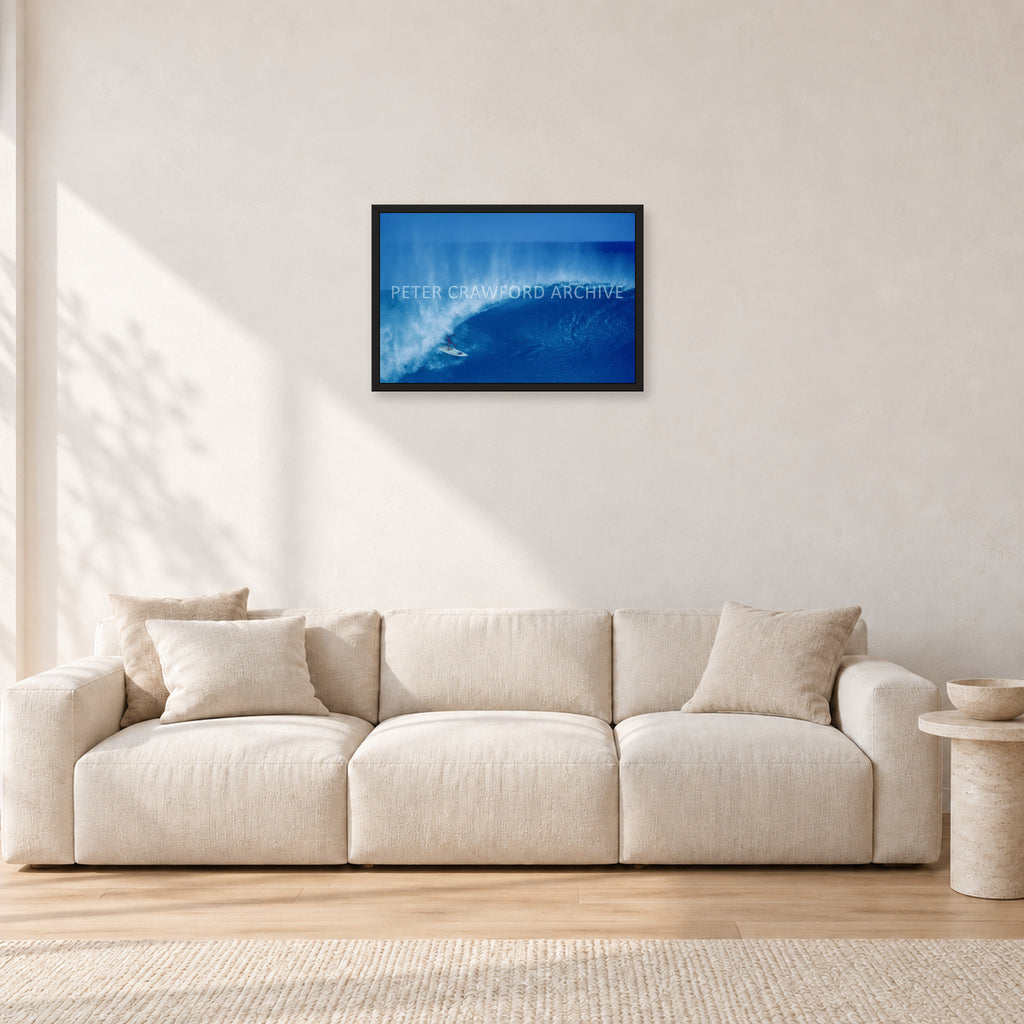 Derek Ho, Pipe Masters by Peter Crawford — 60 × 40 cm, black frame, shown in a light minimalist living room.
