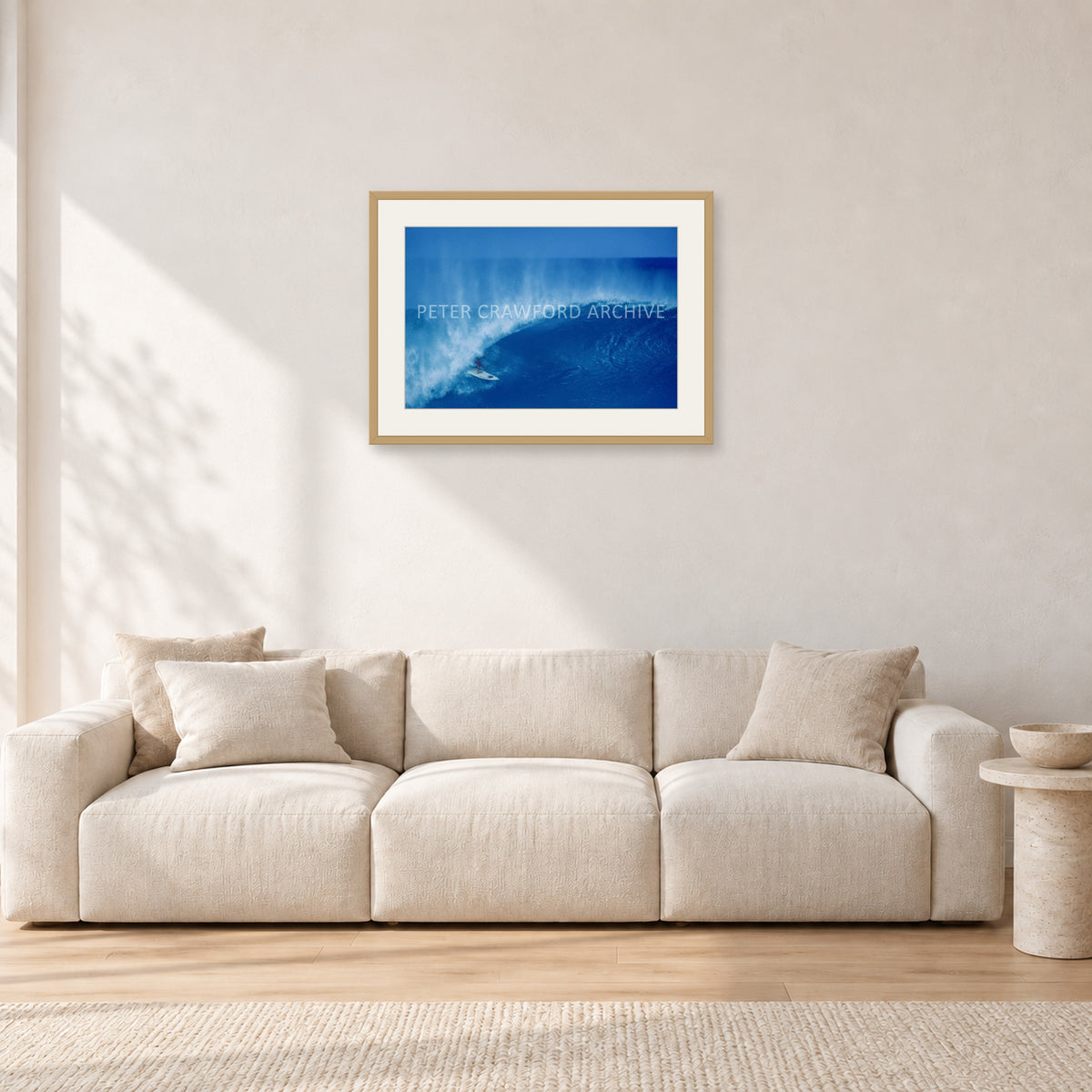 Derek Ho, Pipe Masters by Peter Crawford — 60 × 40 cm, hayseed frame with white mat, shown in a light minimalist living room.