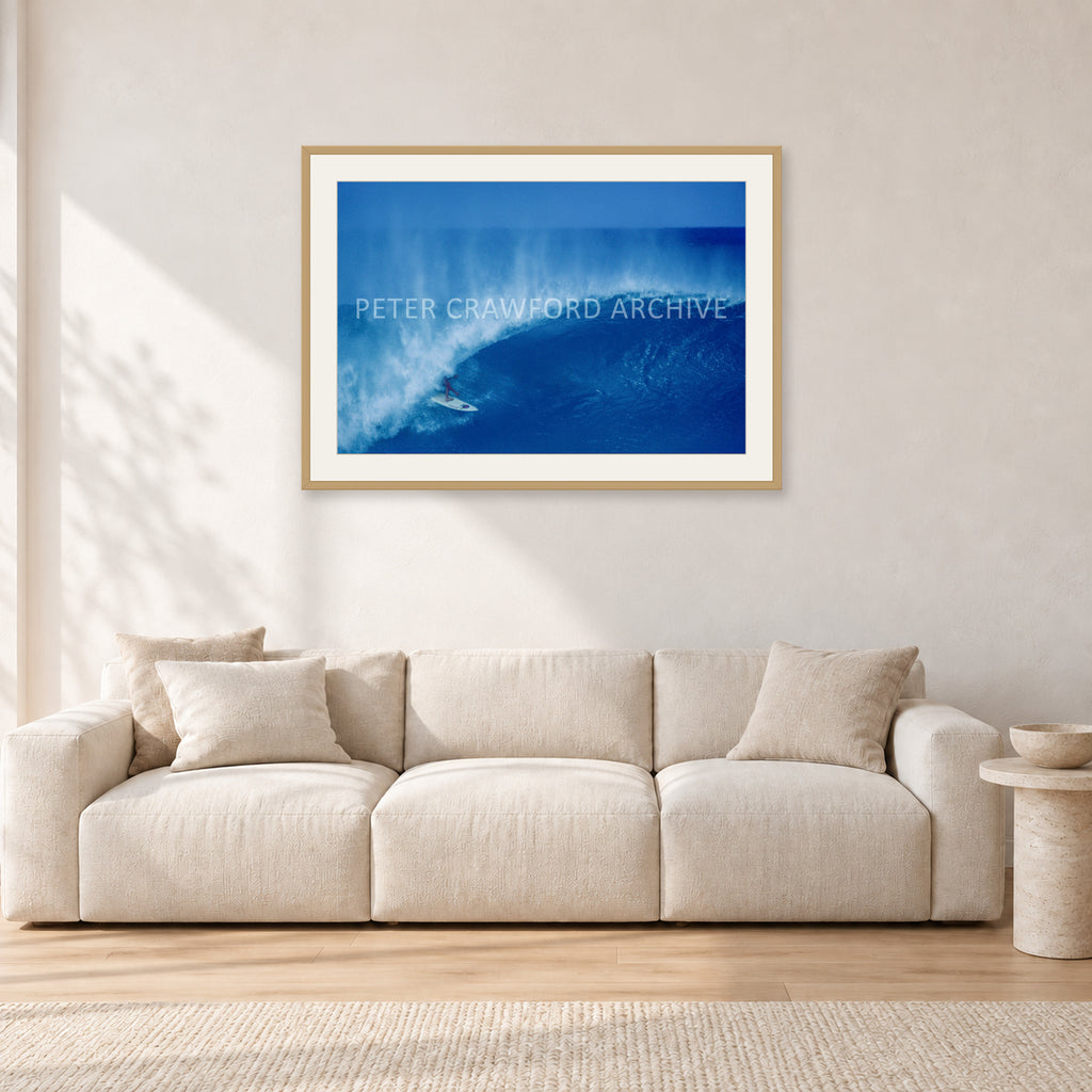 Derek Ho, Pipe Masters by Peter Crawford — 90 × 60 cm, hayseed frame with white mat, shown in a light minimalist living room.