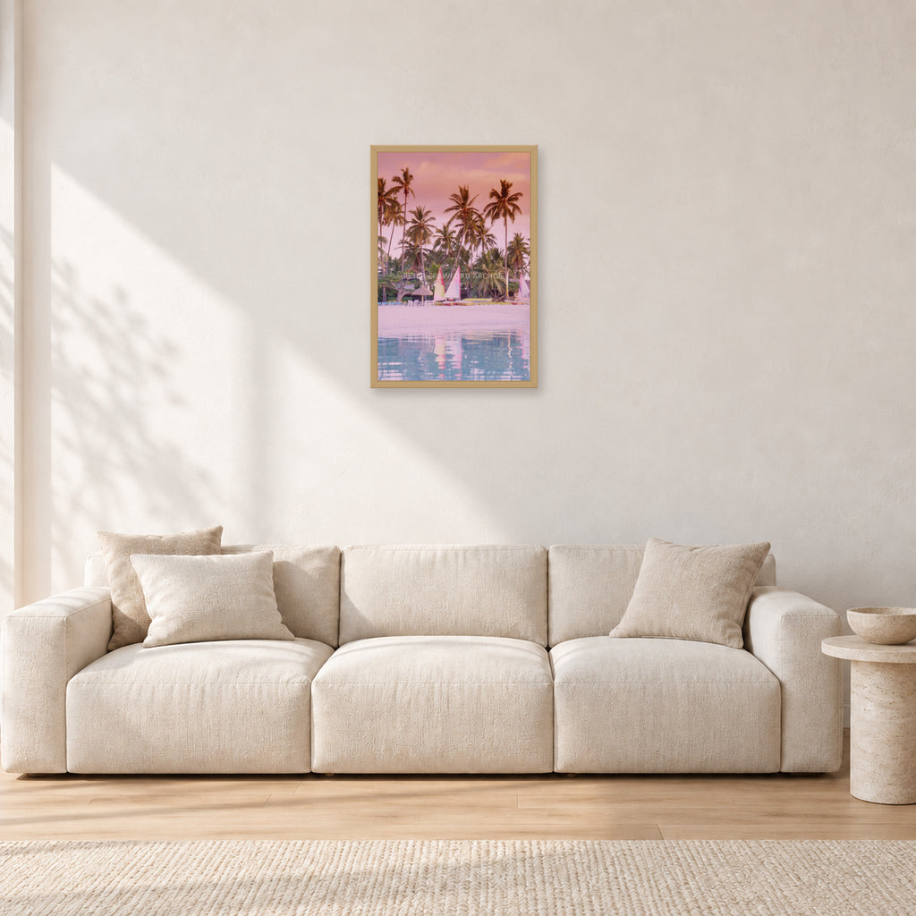 Fiji, Peter Crawford by Peter Crawford — 40 × 60 cm, hayseed frame, shown in a light minimalist living room.