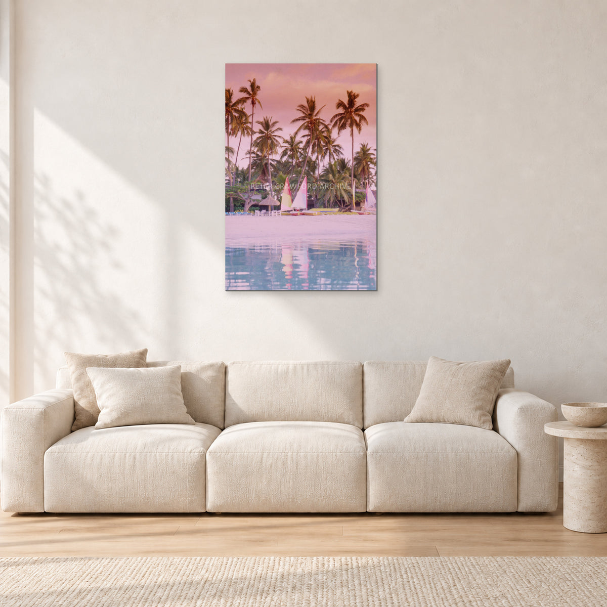 Fiji, Peter Crawford by Peter Crawford — 60 × 90 cm, aluminium-mounted resin print, shown in a light minimalist living room.