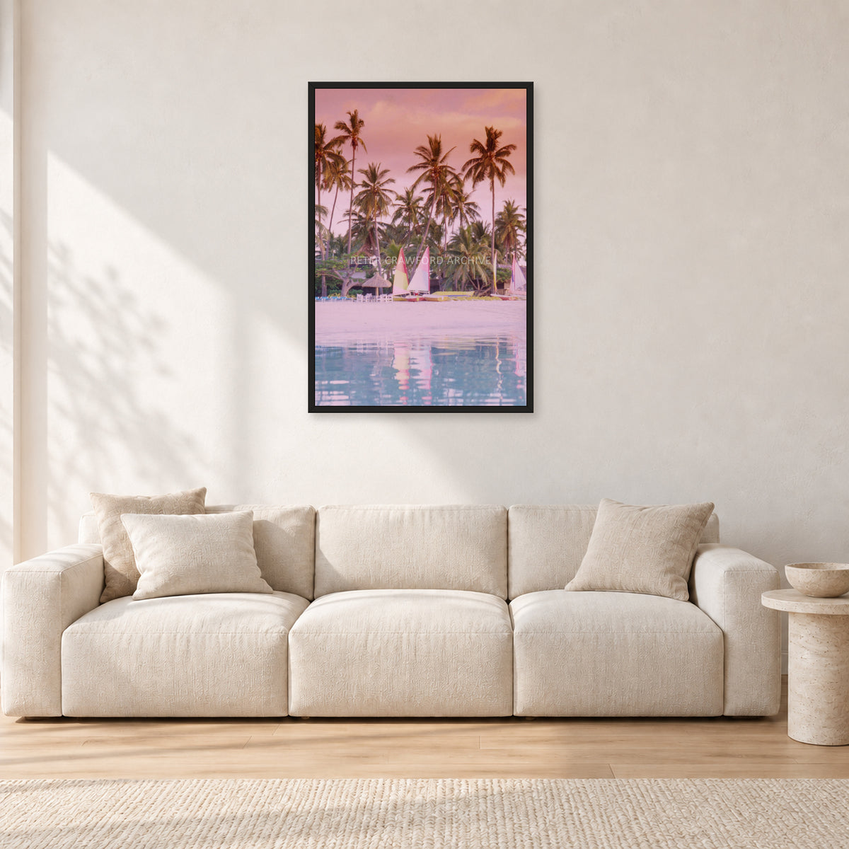 Fiji, Peter Crawford by Peter Crawford — 60 × 90 cm, black frame, shown in a light minimalist living room.