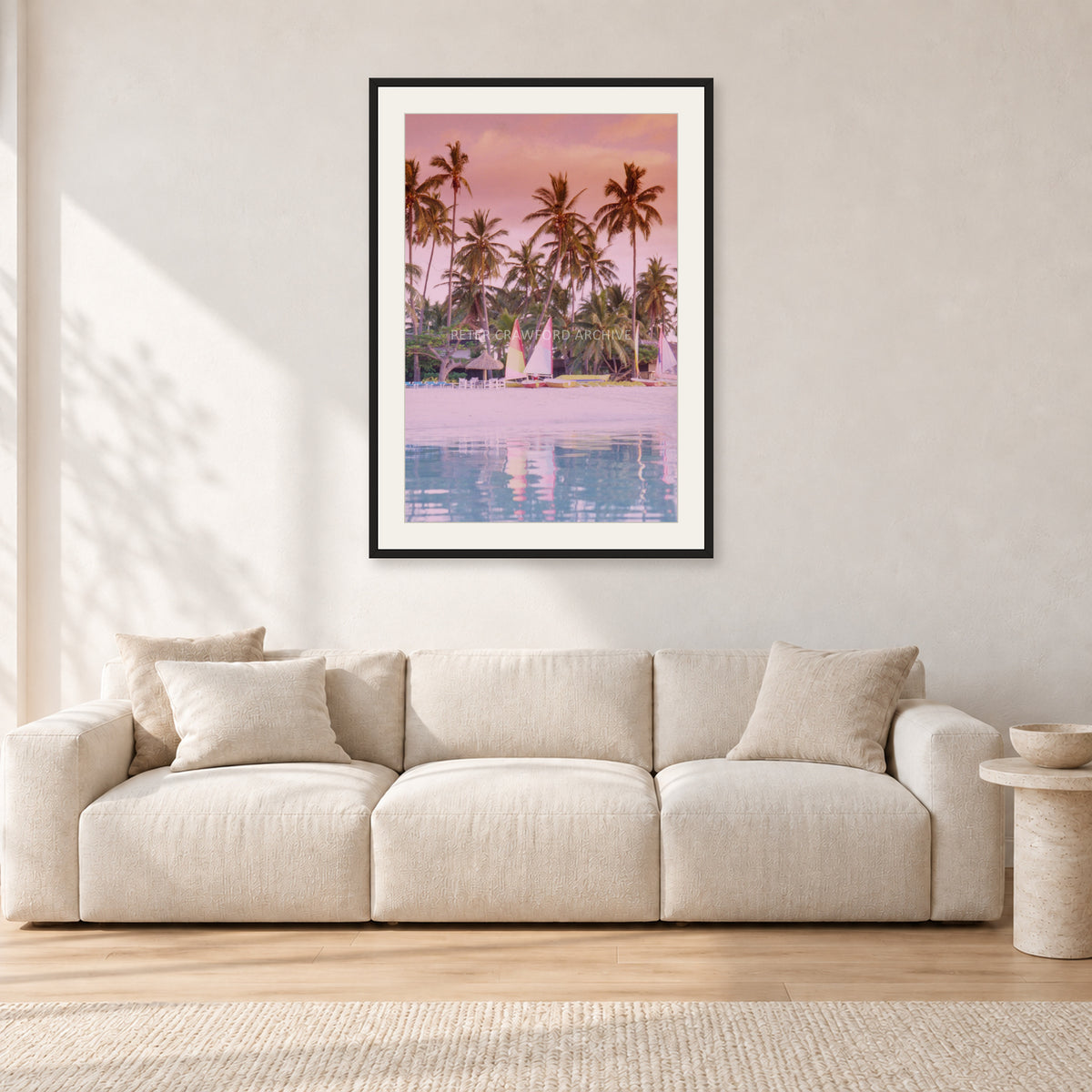Fiji, Peter Crawford by Peter Crawford — 60 × 90 cm, black frame with white mat, shown in a light minimalist living room.