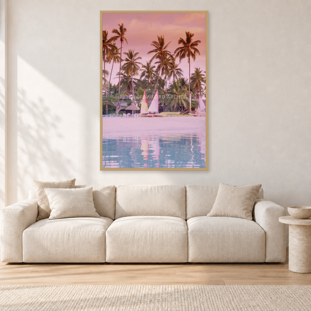 Fiji, Peter Crawford by Peter Crawford — 80 × 120 cm, hayseed frame, shown in a light minimalist living room.
