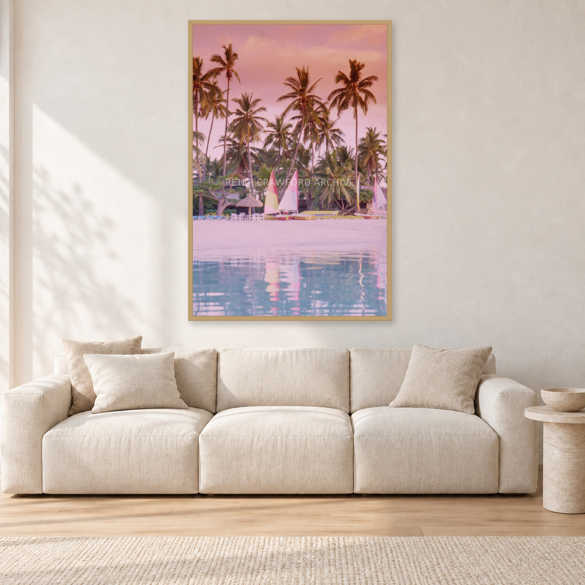 Fiji, Peter Crawford by Peter Crawford — 80 × 120 cm, hayseed frame, shown in a light minimalist living room.