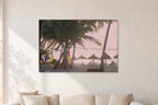 Fiji Sunset I by Peter Crawford — 120 × 80 cm, aluminium-mounted resin print, shown in a light minimalist living room.