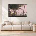 Fiji Sunset I by Peter Crawford — 120 × 80 cm, black frame, shown in a light minimalist living room.