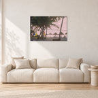 Fiji Sunset I by Peter Crawford — 90 × 60 cm, aluminium-mounted resin print, shown in a light minimalist living room.