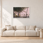 Fiji Sunset I by Peter Crawford — 90 × 60 cm, white frame, shown in a light minimalist living room.