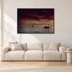 Fiji Sunset II by Peter Crawford — 120 × 80 cm, black frame, shown in a light minimalist living room.