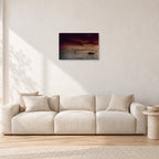 Fiji Sunset II by Peter Crawford — 60 × 40 cm, aluminium-mounted resin print, shown in a light minimalist living room.
